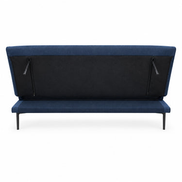 Blue sofabed with black underside panel and straps, resting on black metal legs