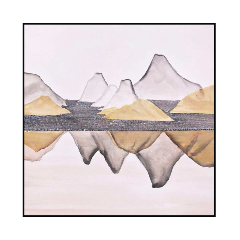Mountain-themed abstract wall art with layered peaks and geometric shapes
