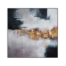 Abstract framed wall art with blue, white, and rust-gold brush strokes