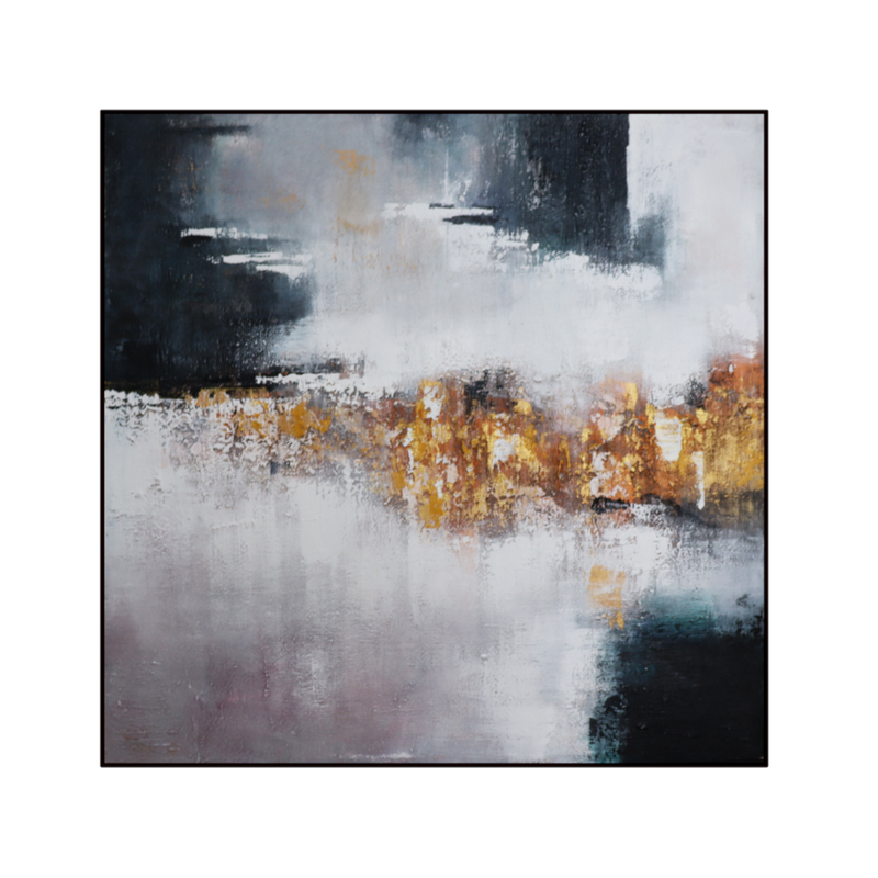 Abstract framed wall art with blue, white, and rust-gold brush strokes