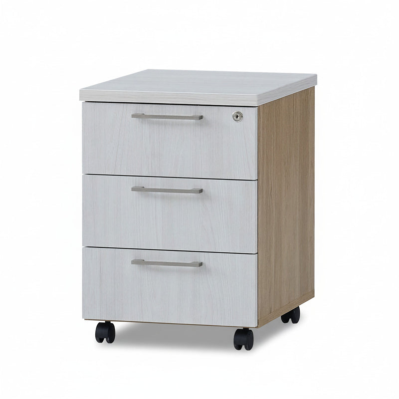 Mobile pedestal cabinet, three light gray drawers, natural oak sides, on casters