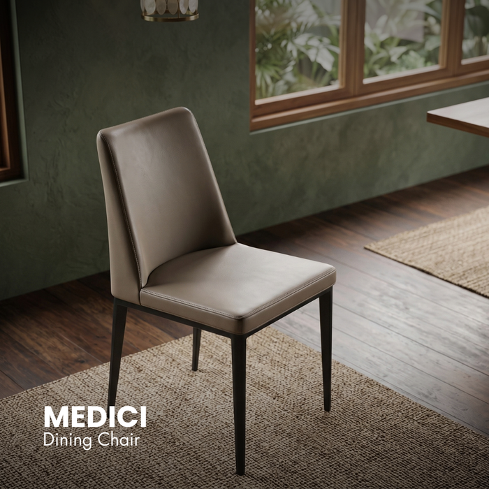 MEDICI dining chair with upholstered light gray seat and dark wood legs