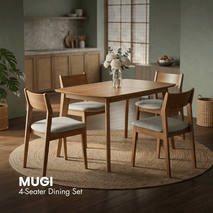 Walnut-finish dining table with four upholstered chairs and padded seats