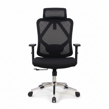 Executive office chair with black mesh back, padded seat, headrest, armrests, chrome caster base