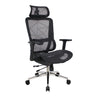 Black executive office chair with mesh back, headrest, armrests, and chrome caster base