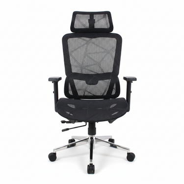 Black mesh executive chair with headrest, padded seat, armrests, and cross-base with casters