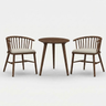 Brown oak dining set: round pedestal table with two spindle-back chairs and white seat cushions