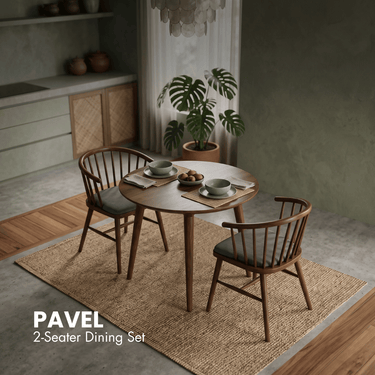 Pavel dining set for two with round wooden table and 2 dark walnut dining chairs