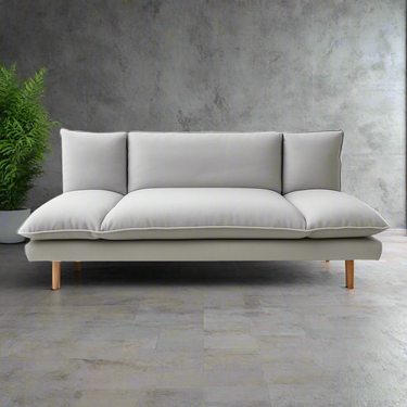 Sofabed with three back cushions and padded seat, light fabric, wooden legs