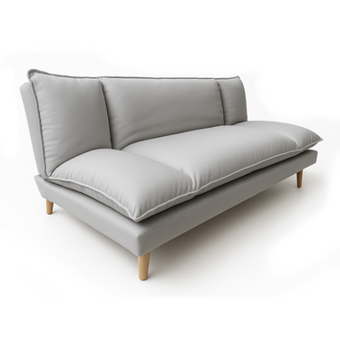 Sofabed, light grey upholstered back and armrest cushions, seat with thick padding