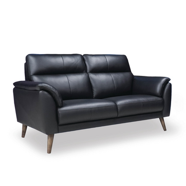 2-seater sofa with dark gray leather-look upholstery, padded arms, and wooden legs