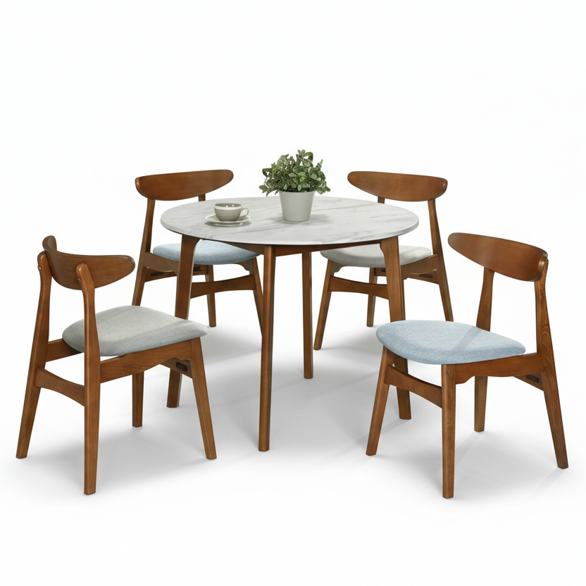 Wood dining table with four chairs and light blue seat cushions