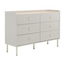 White chest of drawers with ribbed paneling and round gold knobs on drawers