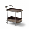 Two-tier storage cart with dark brown trays, beige base panels, and four rolling wheels