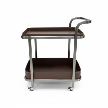 Two-tier storage cart with dark brown top and lower shelf, curved handle, rolling casters