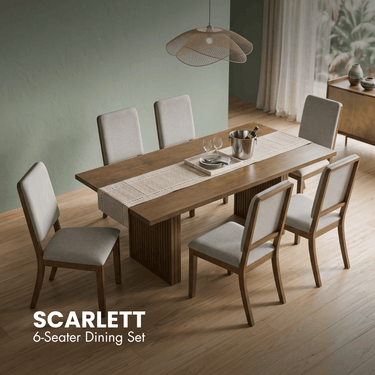 SCARLETT 6-seat dining set with rectangular wood table and 6 upholstered chairs