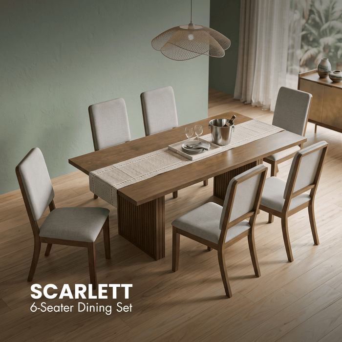 SCARLETT 6-seat dining set with rectangular wood table and 6 upholstered chairs