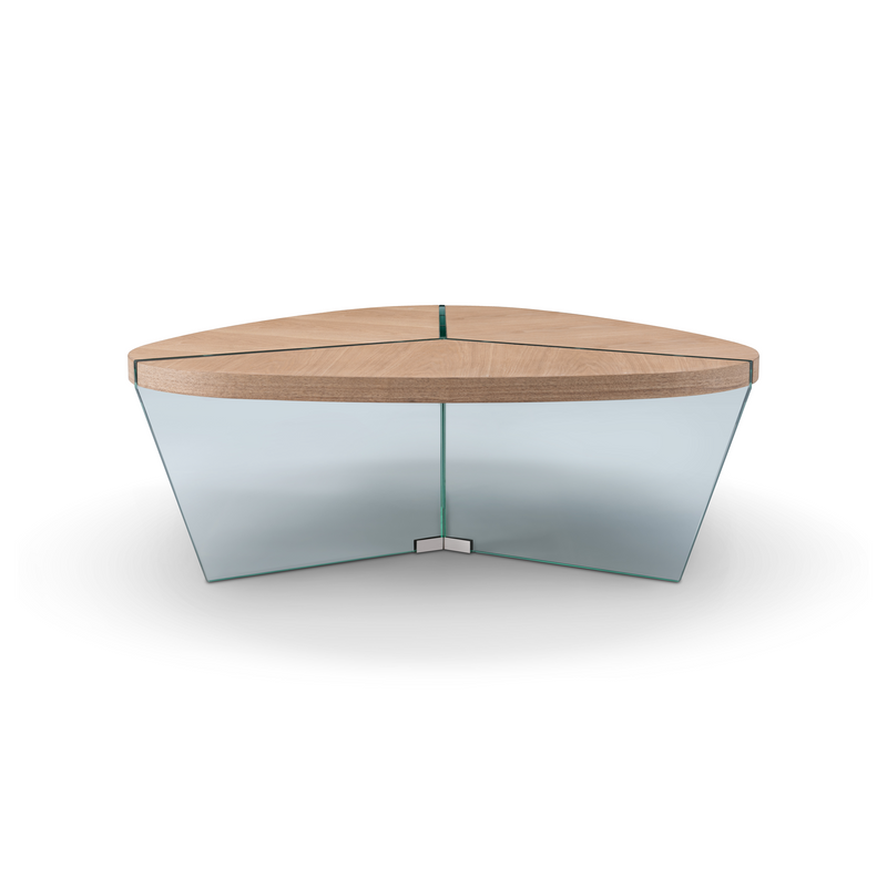 Center table with round wood top and clear glass side panels, green metal trim.