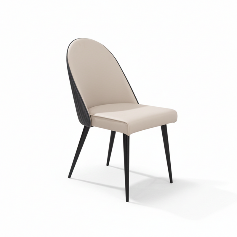 ASTRID dining chair with beige upholstered seat and back, dark angled sled legs