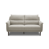 Light beige 2-seater sofa with buttonless cushions, two back pillows, dark legs.