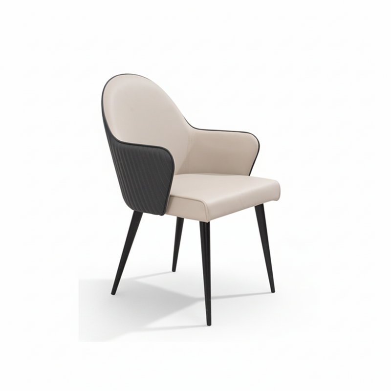 Beige and black armchair with padded armrests and black tapered legs