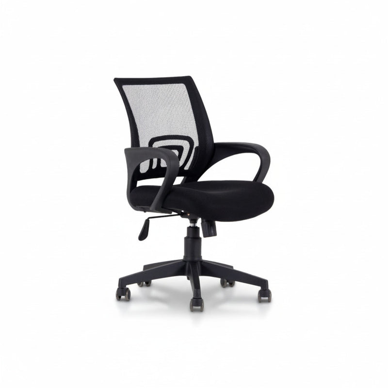 Black office chair with mesh back, padded seat, armrests, swivel base and casters
