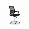 Black office chair angled view with mesh backrest, padded seat, and chrome swivel base