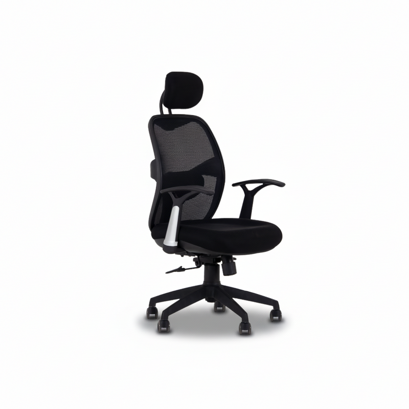 CURETON executive chair angled view with mesh back, padded seat cushion, black swivel base