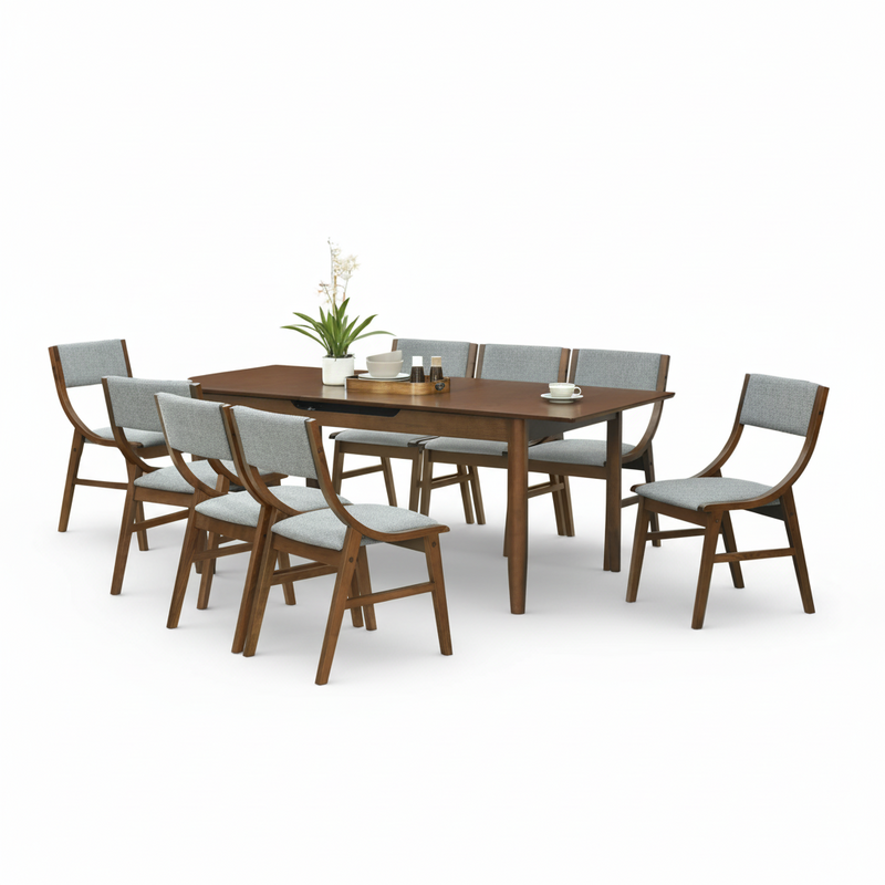 Wood dining table with eight gray upholstered curved-back chairs