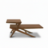 Brown wood center table with angled legs and raised, split tabletop
