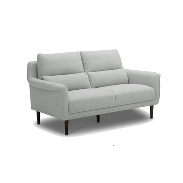 Light grey 2-seater sofa in side view with wide arms, two cushions, wooden legs.