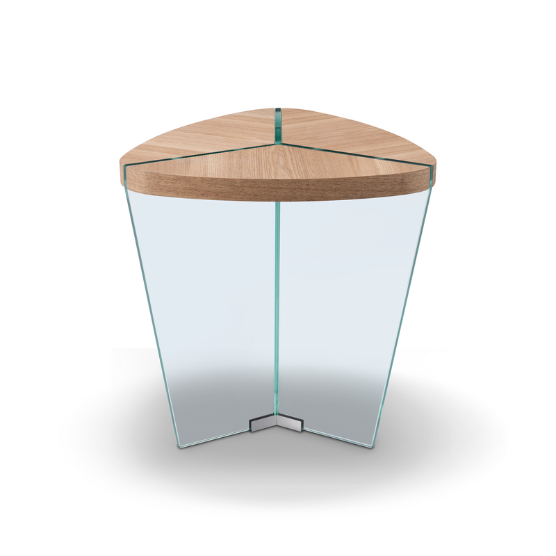 Round wood tabletop with green metal base and clear glass sides