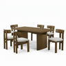 Solana dining set: corner view of rectangular wood table with six upholstered chairs