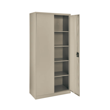 Steel cabinet by SOHO with open door, beige interior shelves and black latch