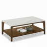 Center table with white marble-look top, dark wood frame, and lower shelf.