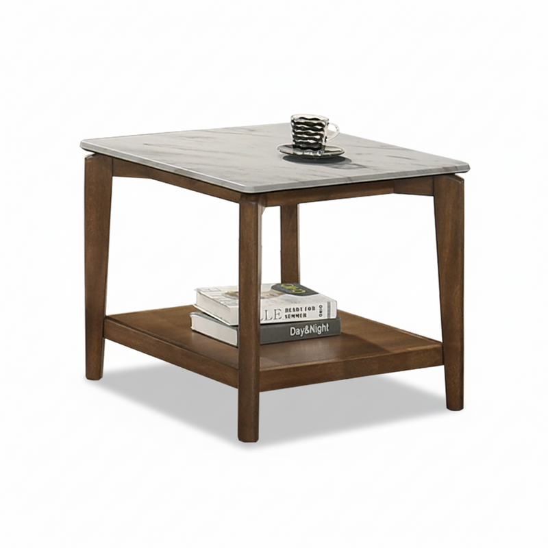 Dark wood side table with gray stone-look top and lower shelf