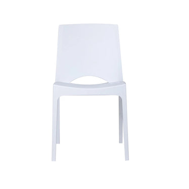 White molded plastic chair with arched back and cutout seat, four straight legs