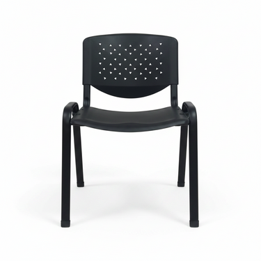 Black visitor chair with geometric triangle back panel, curved seat, and armrests