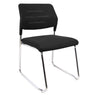 Black visitor chair with padded seat and curved back, chrome sled legs
