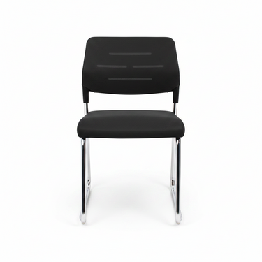 Black visitor chair with upholstered seat, curved backrest, chrome sled base