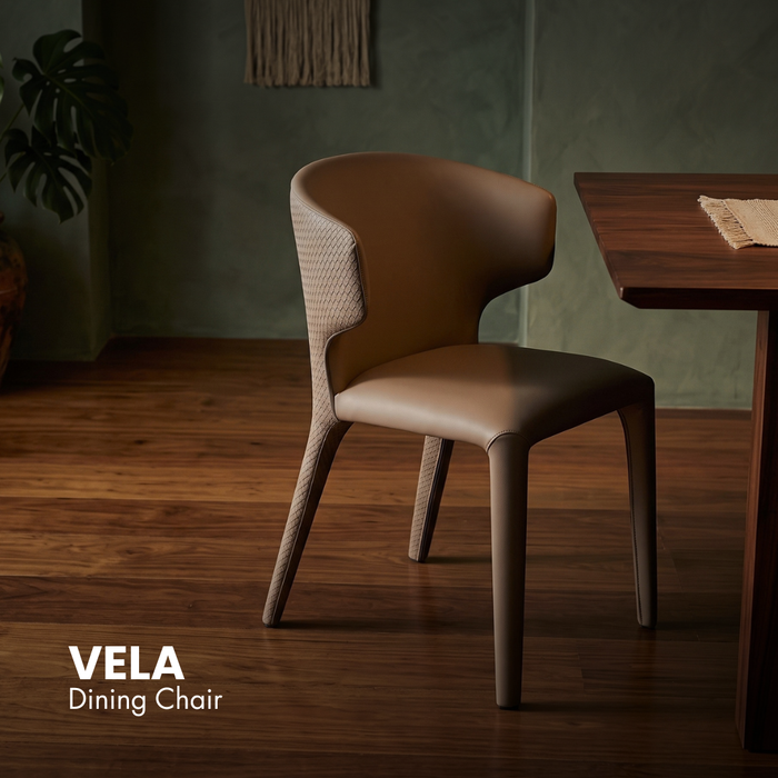 Coffee-brown upholstered dining chair with textured light sides and wooden legs
