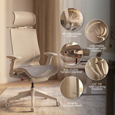 Grey executive office chair with headrest, adjustable armrests, mesh seat and back.
