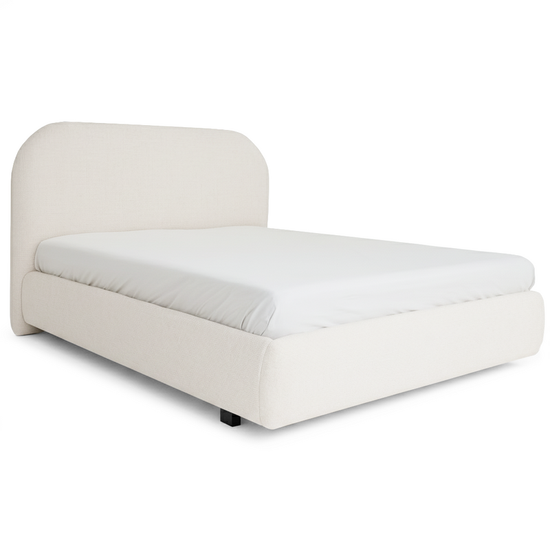 Upholstered queen bed frame in ivory with rounded headboard and smooth boxy sides