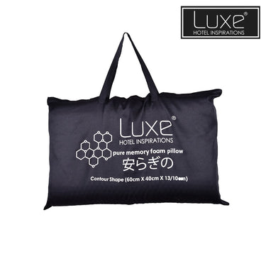 Black LUXE memory foam contour pillow in branded carrying bag