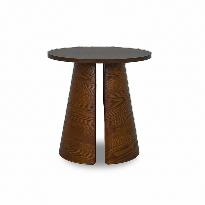 Brown woodgrain side table with round top and flared legs