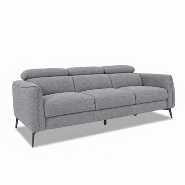 Steel gray 3-seater sofa, side view with three back sections and tapered legs