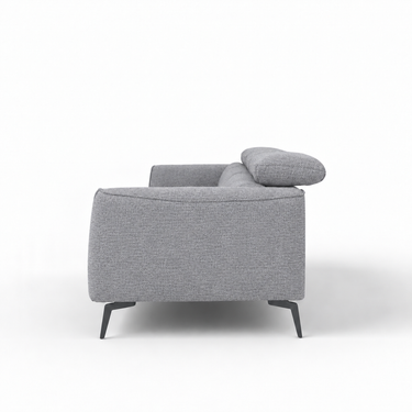 Steel gray 3-seater sofa, front angle with low arms and rounded back pillows