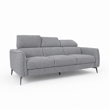 Steel gray 3-seater sofa, angled view with three seat sections and armrests