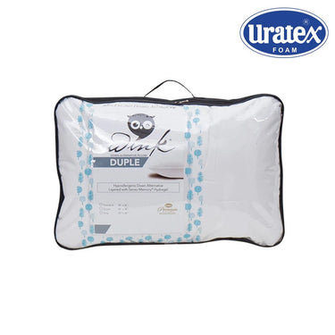 Double pillow in clear bag with blue border, black piping, URATEX Foam logo badge