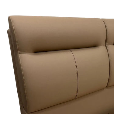 Mocca queen upholstered bed headboard with padded panels and stitched trim